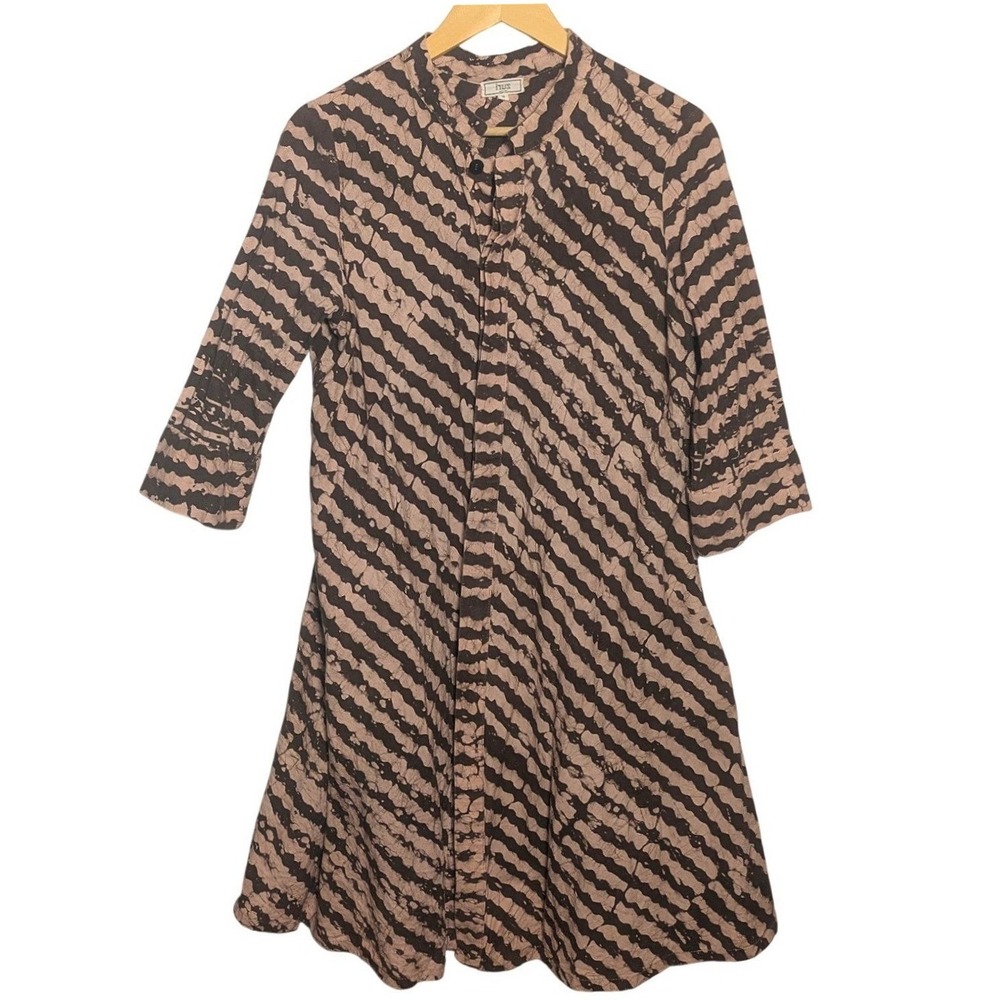 Zuri Kenya Batik Print Ikat Button Down shirt dress Brown Pink Cotton Tunic M